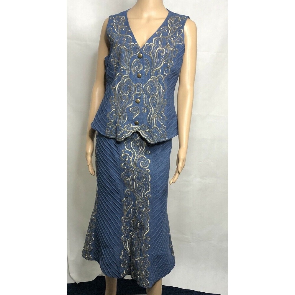 Vintage J Song Denim Vest and Skirt Size S Embroidered Gold Rodeo Country Chic